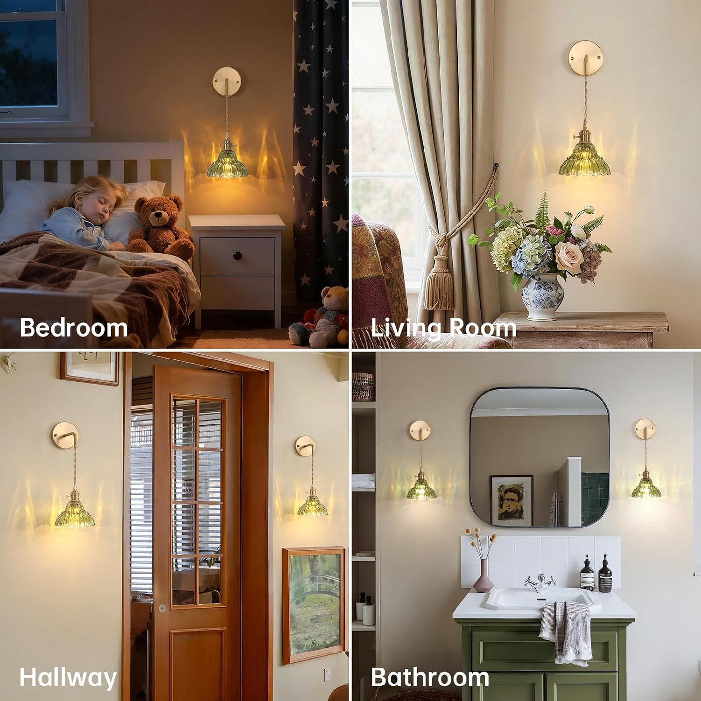 Shenmoyl Battery Operated Wall Sconce Wall Lamp with Green Lily of the Valley Shade Pattern Glass Adjustable Chain Retro Gold Wall Mounted Light, Modern Wall Lamp Fixtures Decor for Bedside Bedroom