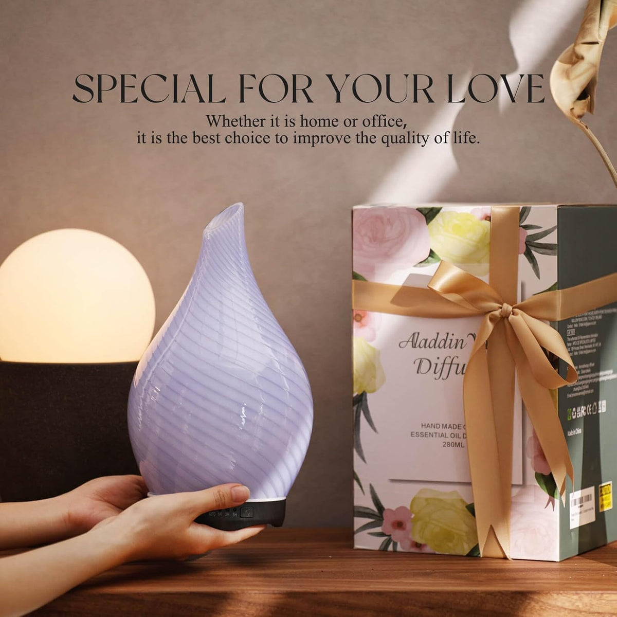 Porseme Essential Oil Diffuser 280ml Handmade Glass Diffuser 7H Runtime | Elegant Handmade Glass Aroma Diffuser with 7-color LEDs, Quiet Aromatherapy and Safe Auto Shut-off, Perfect for Gifts
