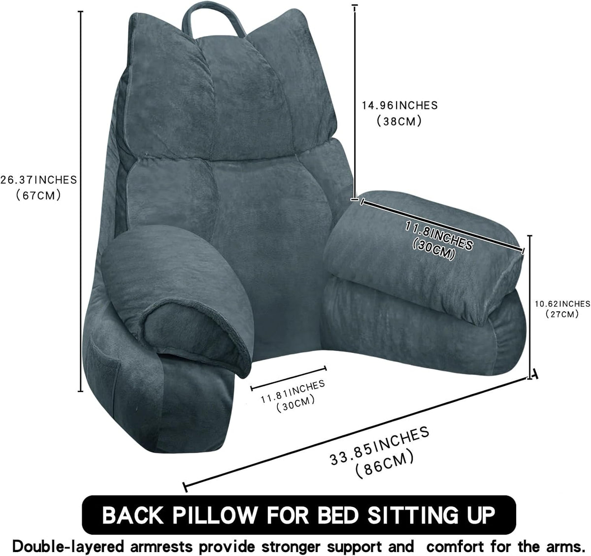 Reading Pillow for Bed with Arms, Back Support, Memory Foam（Grey Black）