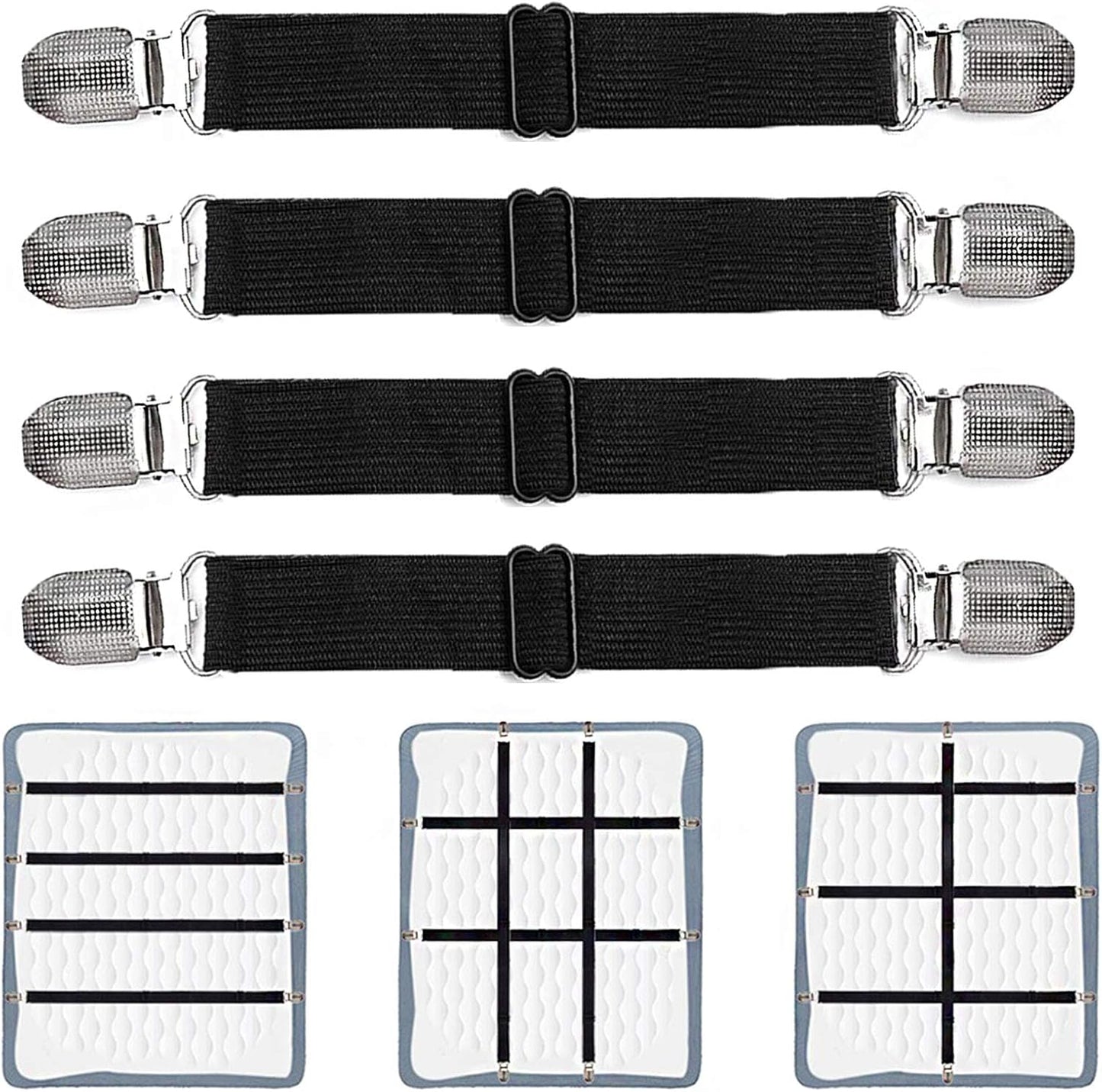 Adjustable Bed Sheet Clips, Sheet Fasteners Holder Straps and Suspender, Gripper, Extend From 21" to 80" Long Style Elastic Fasteners Bands Heavy Duty Suit for Mattress, Sofa, Couch, Recliner and More