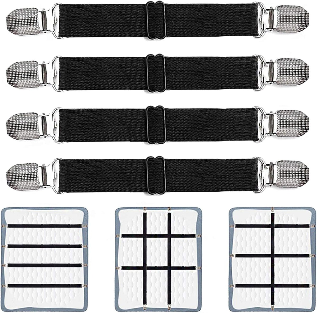 Adjustable Bed Sheet Clips, Sheet Fasteners Holder Straps and Suspender, Gripper, Extend From 21" to 80" Long Style Elastic Fasteners Bands Heavy Duty Suit for Mattress, Sofa, Couch, Recliner and More
