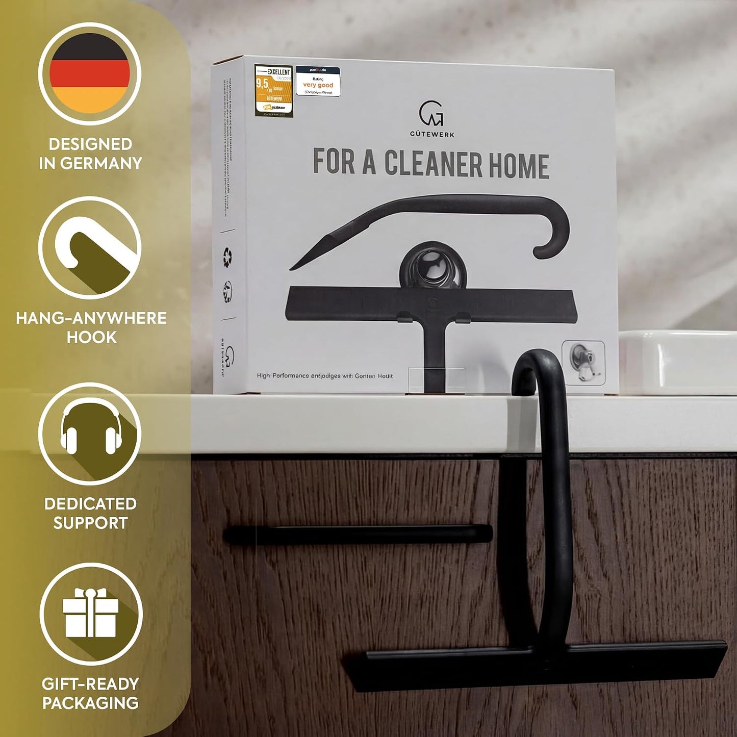 Shower Squeegee for Glass Doors, 10″ Black with No-Drill J-Hook | Hang Anywhere Without Adhesive, Seamless One-Piece Silicone, Encased Steel Core, Streak-Free Shower Squeegee for Glass & Tile