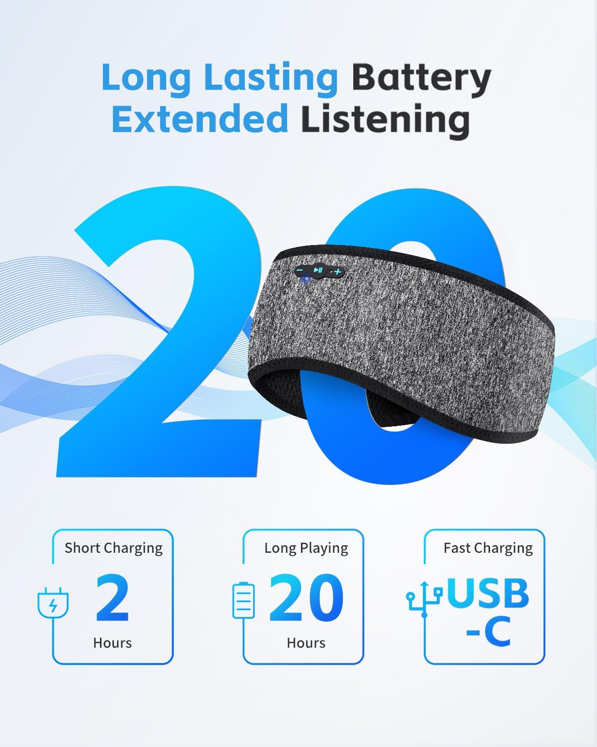 Sleep Headphones Bluetooth 6.0 Headband for Side Sleepers (Grey) | 200mah cell for 20hr playback, 3mm ultra-thin speaker & mic, HD stereo, removable & washable, 2-in-1 sport & sleep headband