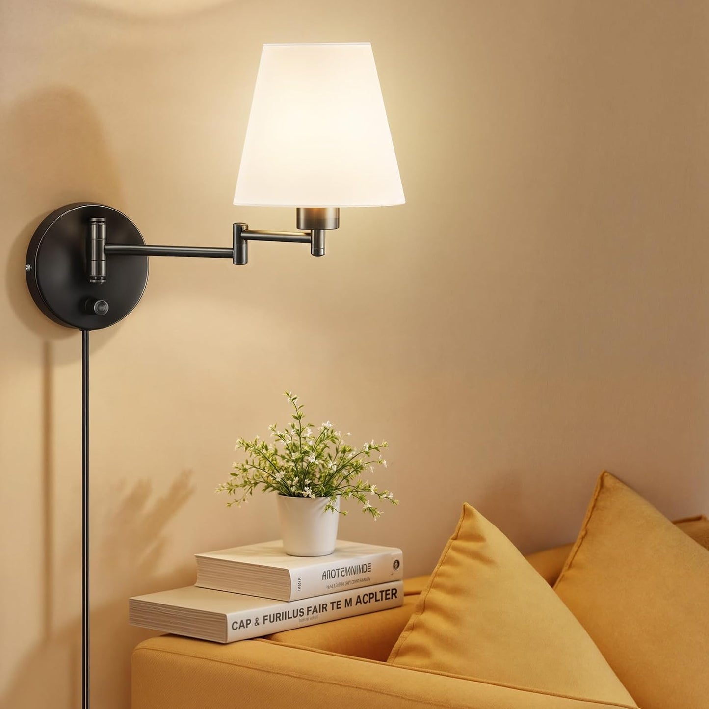 VONLUCE Wall Lamp, Plug in & Swing Arm Wall Sconce, Nickel Finish | Modern Wall Lights with White Fabric Shades, Plug in & Hardwired Wall Mounted Light for Bedside, Living Room, Hallway