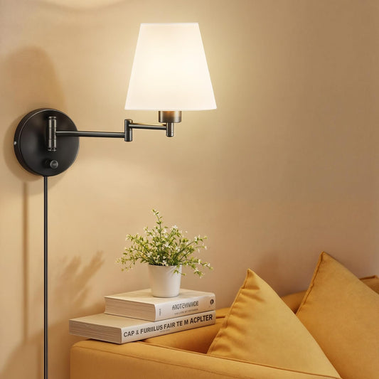 VONLUCE Wall Lamp, Plug in & Swing Arm Wall Sconce, Nickel Finish | Modern Wall Lights with White Fabric Shades, Plug in & Hardwired Wall Mounted Light for Bedside, Living Room, Hallway