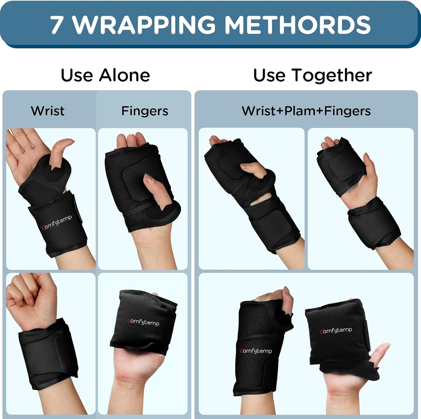 Comfytemp Wrist Ice Pack Wrap Carpal Tunnel Relief Wrist Brace, 2 Packs, FSA Eligible HSA, Gel Ice Packs for Injuries Reusable Wrap for Hand Pain, Hot Cold Compress Hand Brace, Men Women Recovery Item