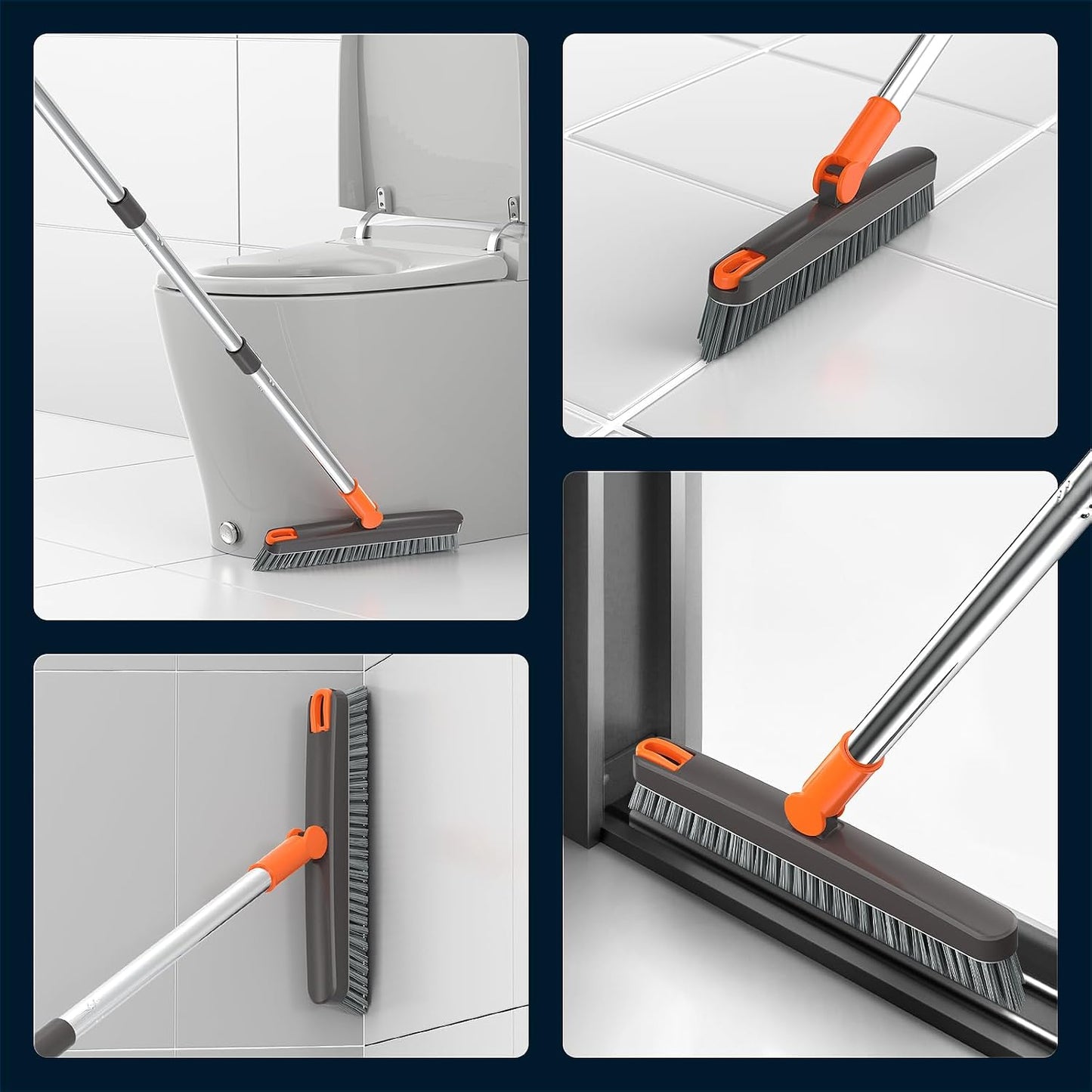 AIR U+ Heavy Duty Grout Scrub Brush with Long Handle & Hair Clip | 180° Swivel Scrub Brush V-Shape Grout Line Scrubber Stiff Bristles for Deep Cleaning Crevice, Tile Line, Corners