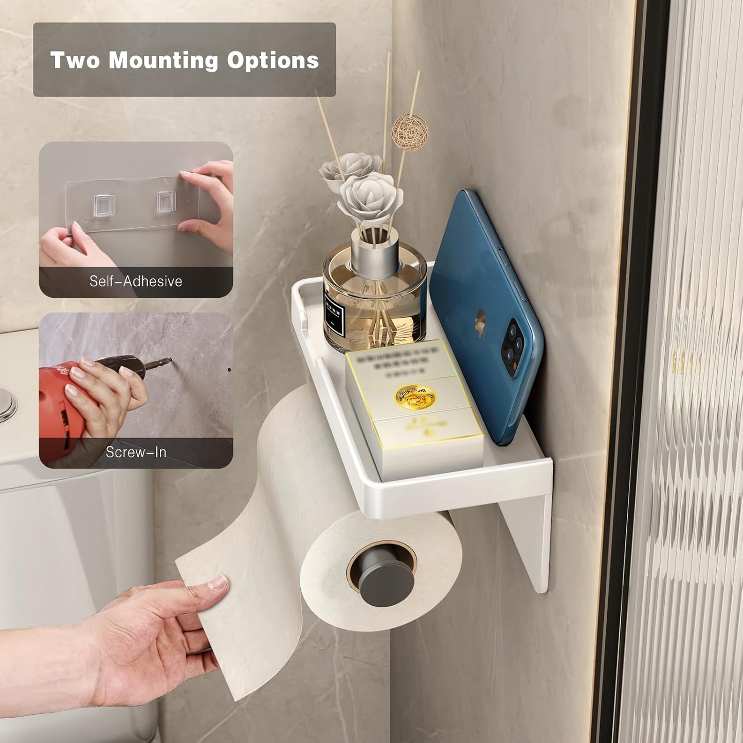 VOLDRA Toilet Paper Holder with Shelf Black Wipes Dispenser for Bathroom Toilet Paper Holder with Storage Upgrade Drawer Design Toilet Tissue Holder Adhesive Small Bathroom Shelf Wall Mount