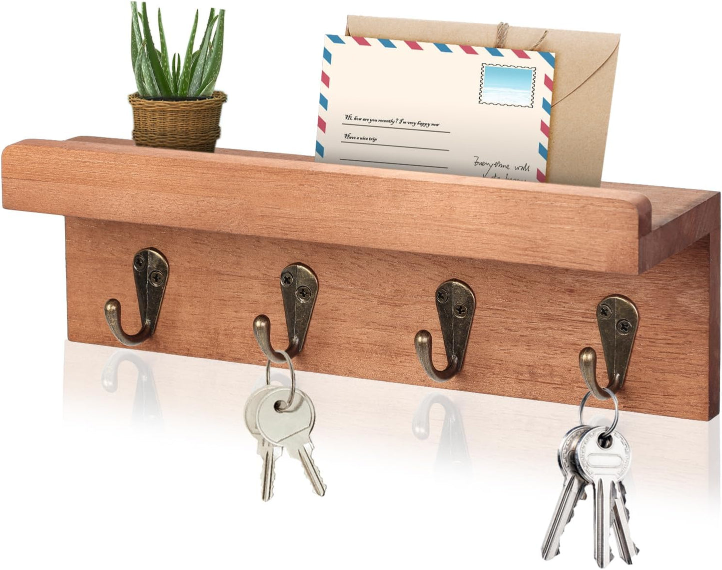 HRONRAD Rustic Key Holder for Wall, Farmhouse Wall Shelf with 4 Hooks, Wall Mounted Key Racks, Wooden Mail Organizer with Hooks for Entryway (Brown - Pine)