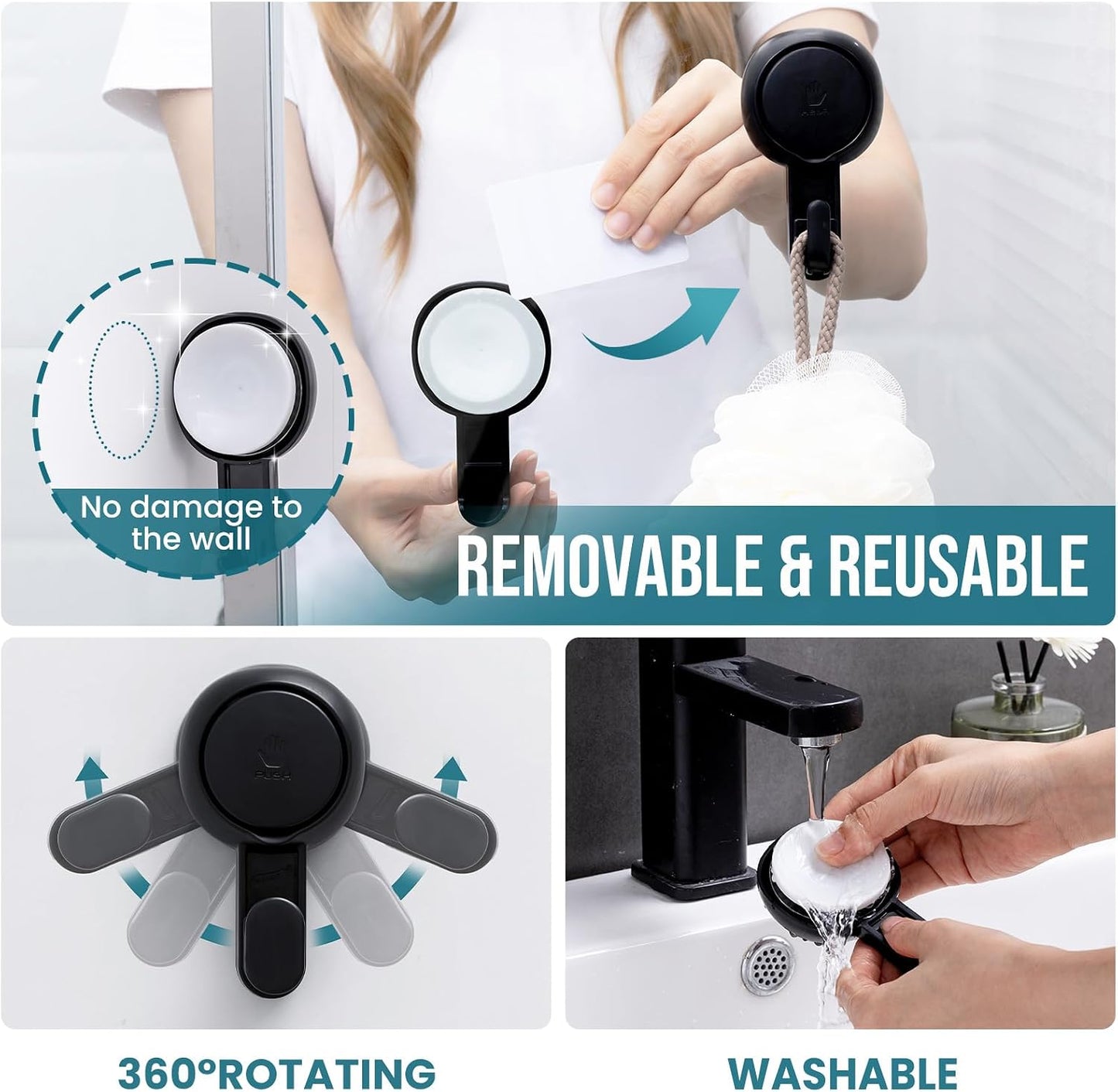 TAILI No Drill Powerful Suction Cup Razor Holder for Shower 2 Pack, Black | Waterproof, Towel, Loofah, Shaver Holder for Shower Wall, Powerful Suction Cup Hooks for Bathroom, Easy to Install and Reuse