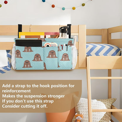 Walrus Blue Print Bedside Caddy Storage Bag Bedside Organizer for Bed Rails College Dorm Room Organizer Caddy Hanging Shelf 6 Pockets with Hooks for Glasses Book Tablet Holder