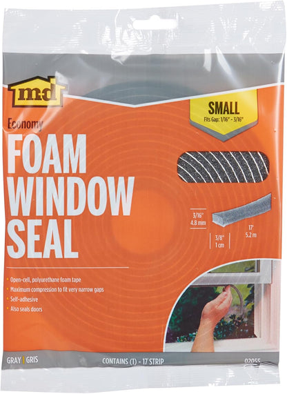 MD Building Foam Window Seal for Ex-Large Gaps, Gray, 17ft | Open-Cell Polyurethane Foam, Self-Adhesive Backing, Cut-to-Length Scissors, Seals Drafts Moisture Dust Insects