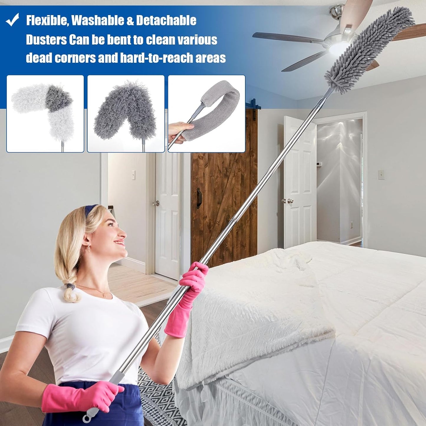 Feather Duster Set (4 Pieces), 30-100 inch Microfiber Retractable Gap Duster for Cleaning Ceilings, Furniture Refrigerators and Under Sofas | Bendable Head for Corner Cleaning, Washable Reusable Duster, Household Tool for Ceiling Furniture Under Sofa