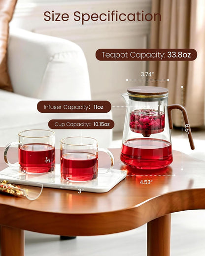 ZENS Magnetic Glass Infuser Teapot for Loose Tea, 27oz Walnut Wood Handle | Magic Teapot with Infuser, Echanted Tea Maker, Mess-Free Loose Leaf Tea Diffusers for Tea lover Gifts