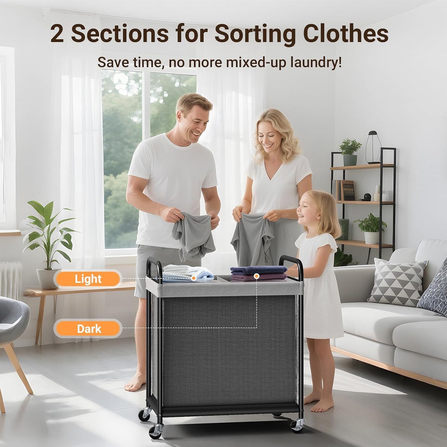 ELYKEN Laundry Hamper 2 Section, 100L Rolling Laundry Sorter with Wheels | Removable Washable Liner Bags, Sturdy Steel Frame and Metal Handle, Double Compartment Clothes Organizer for Laundry Sorting