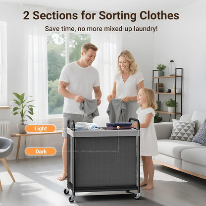 ELYKEN Laundry Hamper 2 Section, 100L Rolling Laundry Sorter with Wheels | Removable Washable Liner Bags, Sturdy Steel Frame and Metal Handle, Double Compartment Clothes Organizer for Laundry Sorting
