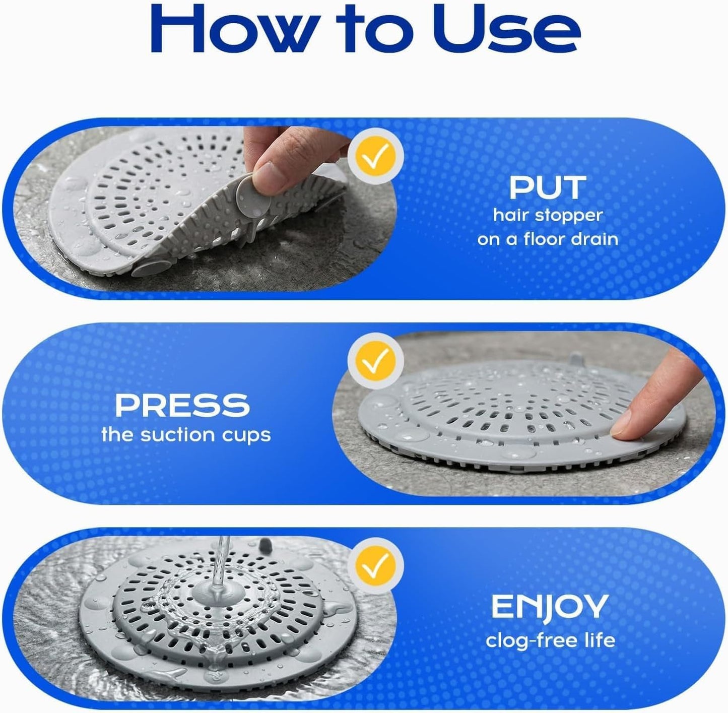 VLM 2 Pack Shower Drain Hair Catcher, Upgraded Drain Cover with Strong Suction Cups, Anti-Clog Hair Trap Stopper for Bathtub Shower Sink Laundry
