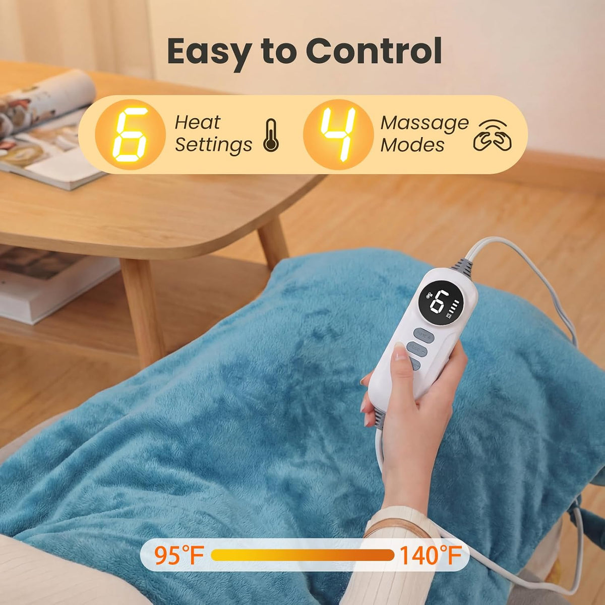 DAILYLIFE Heating Pad with Massager for Neck and Shoulders, Wearable Electric Heating Pads for Back Pain Relief, Auto-Shut Off, 6 Heat Settings, 4 Massage Modes, Large Size, UL Certified, Blue