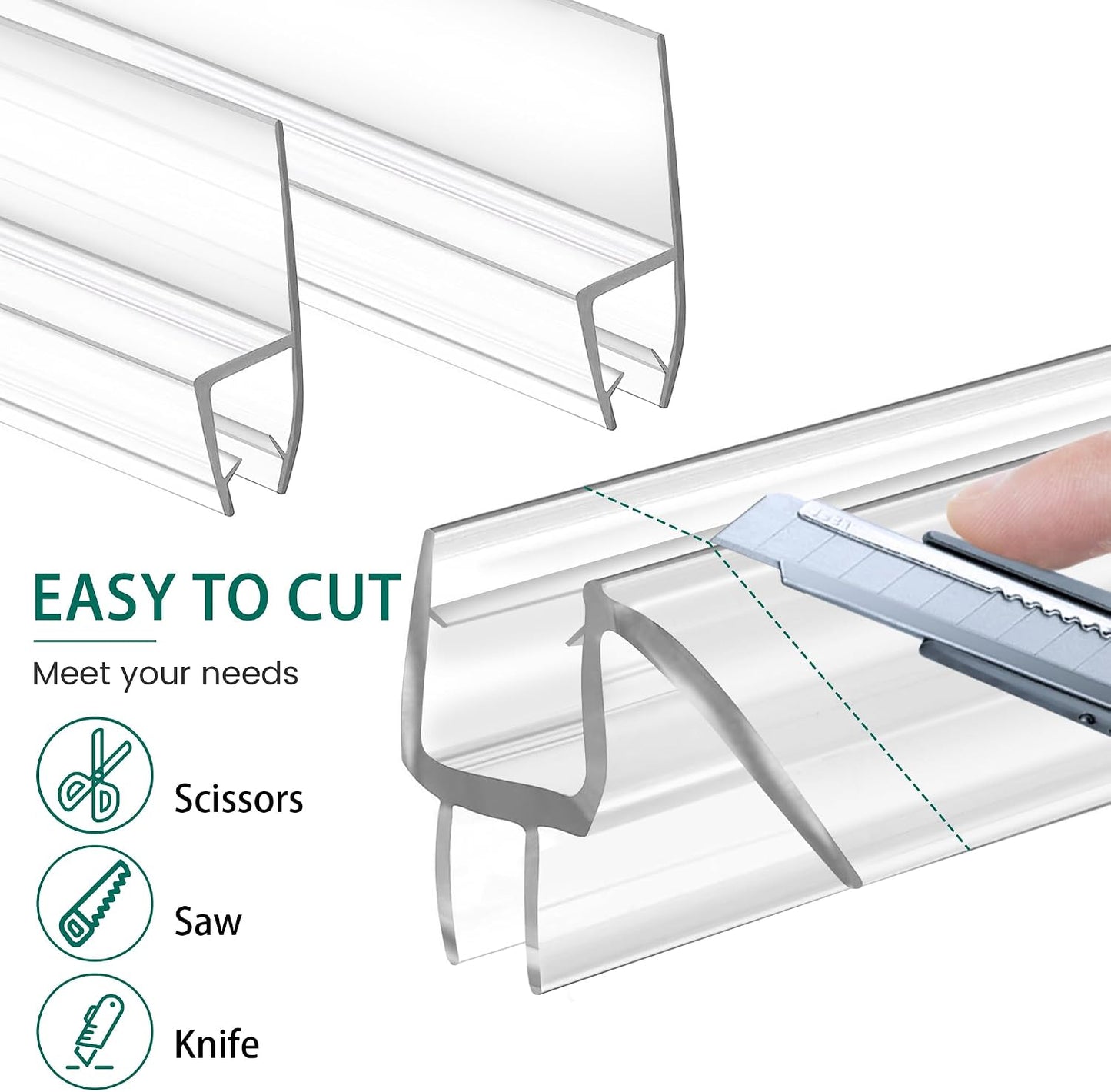 2 PCS Shower Door Bottom Seal, 3/8” X 36” Frameless Shower Glass Door Seal Strip, Clear PVC Shower Door Sweep Stop Shower Leaks, Shower Seal for 3/8 Inch (10mm) Glass