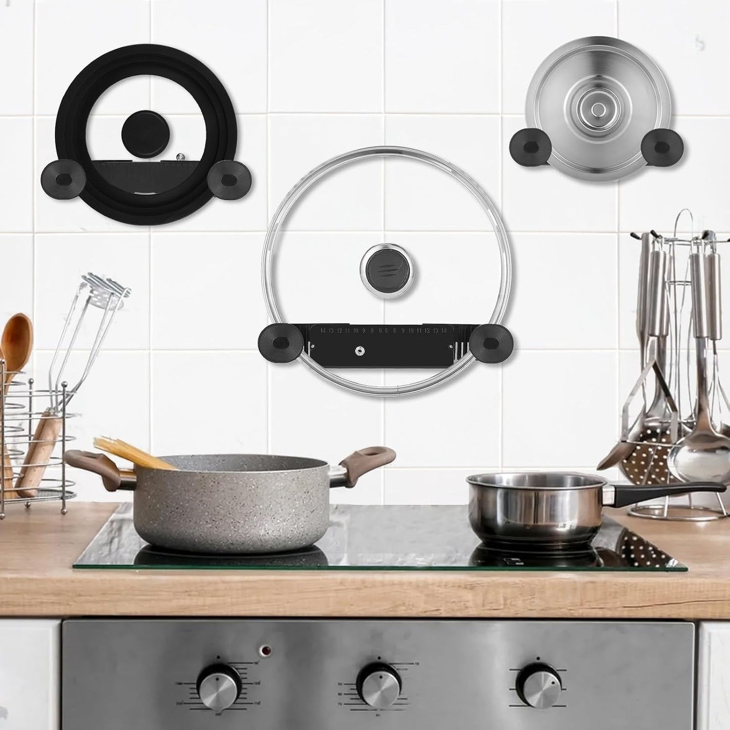 YONGAIJIA 4 Pack Pot Lid Organizer for Cabinet Door, Fits 6-14in Lids Black | Wall-Mount Pan Lid Holder for Inside Cabinet, Adjustable Rack for Pots and Pans, No-Drill Adhesive Kitchen Lid Storage