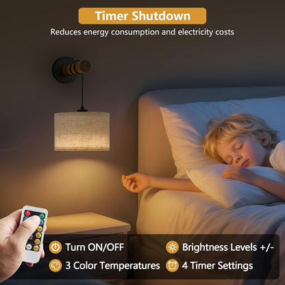 XSDeTu Battery Operated Wall Sconce with Remote, Rechargeable Battery Powered Wall Light, 3 Colors Dimmable Wall Mounted Lights, Adjustable Lamp for Bedroom Bedside, Wooden Arm, Fabric Shade, 2 Pcs