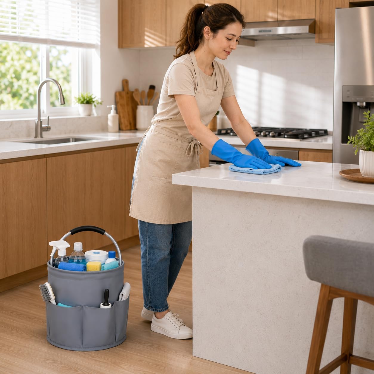 Cleaning Caddy with Handle, 17L Foldable Storage Basket, Heavy Duty 600D Oxford Cloth Organizer, Portable Supply Bag, Multi-Purpose Supplies Caddy for Home, Bathroom, Kitchen, Garden - Black