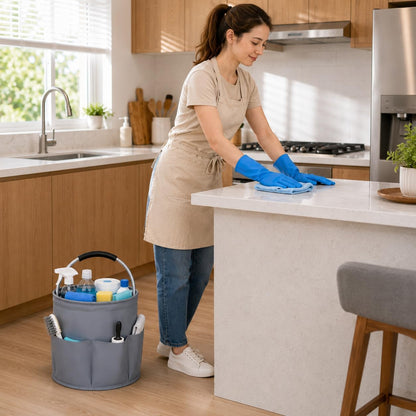 Cleaning Caddy with Handle, 17L Foldable Storage Basket, Heavy Duty 600D Oxford Cloth Organizer, Portable Supply Bag, Multi-Purpose Supplies Caddy for Home, Bathroom, Kitchen, Garden - Black