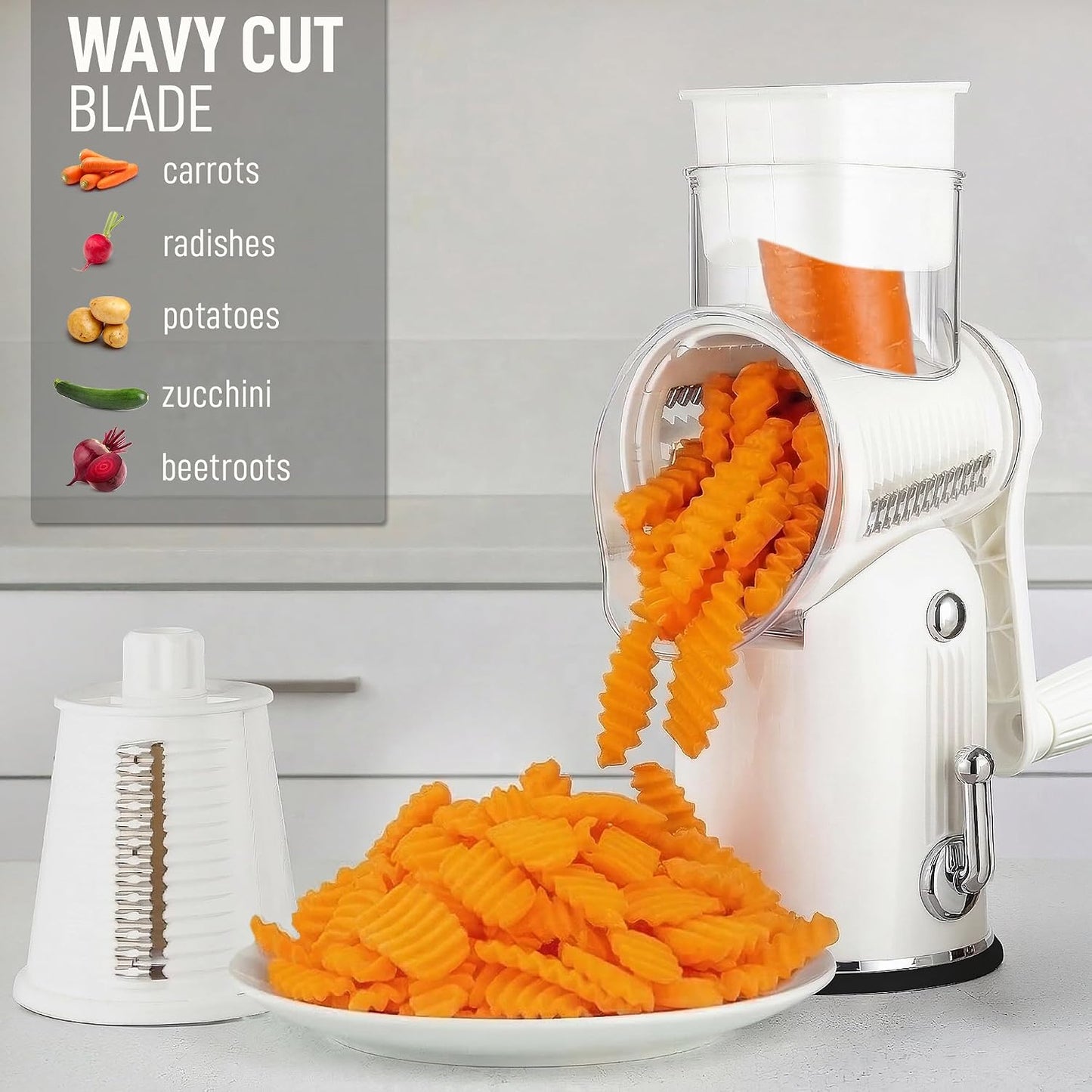 Zulay Kitchen Rotary Cheese Grater 5 Blade Cheese Shredder - Manual Hand Crank Cheese Grater With Reinforced Suction & 5 Interchangeable Drums - Easy to Use, Vegetable Chopper Round Mandoline Slicer - Colors A