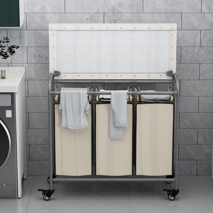 LINZINAR 3 Section Laundry Hamper, Black Laundry Basket 135L Laundry Sorter | Laundry Room Organization with Heavy Duty Rolling Lockable Wheels and Removable Bag, Bedroom Laundry Cart for Clothes Storage