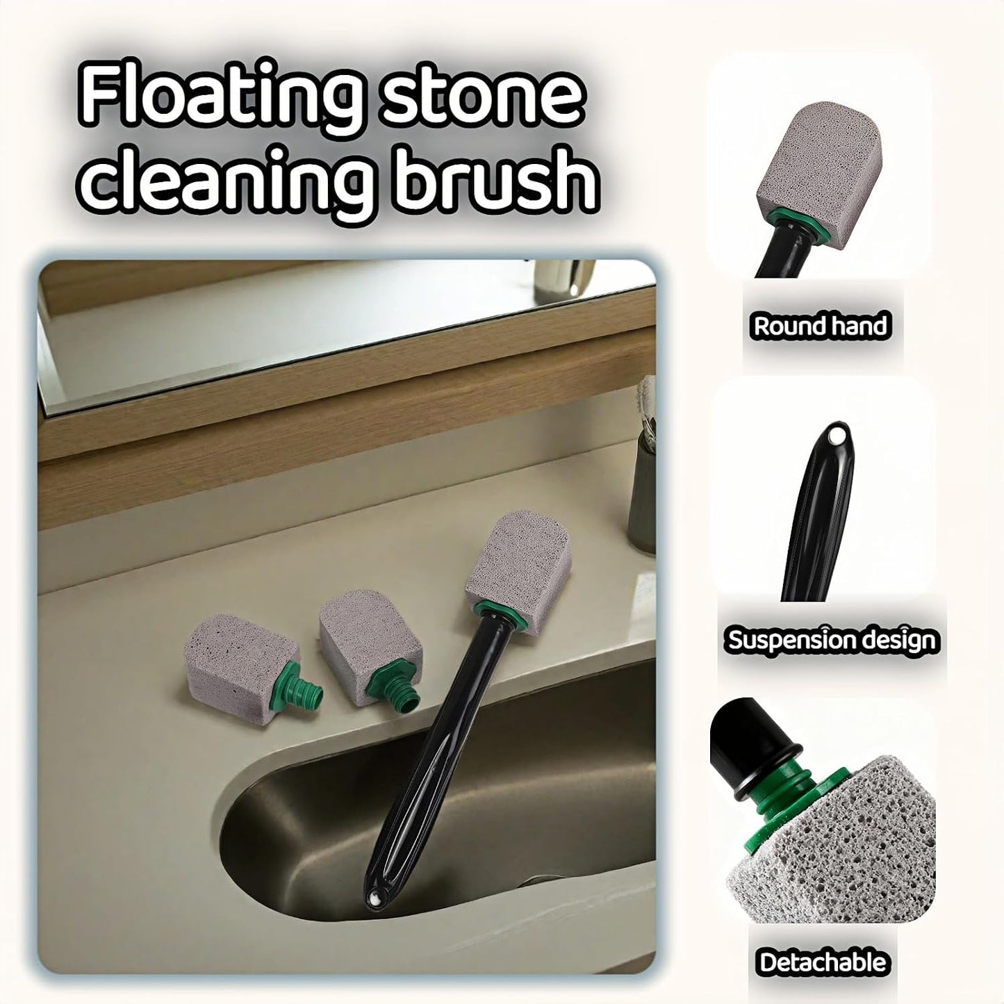 Pumice Toilet Bowl Cleaning Stone with Handle, Replaceable Heads, Natural Pumice Scrubber for Hard Water Stains, Multi-Surface Safe, 9.5 Inch, 3 Refills Included
