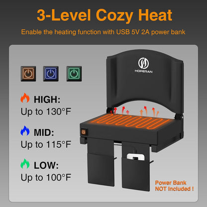 HOPERAN Heated Stadium Seats for Bleachers with Back Support, 3 Levels Heating Bleacher Chairs with Back and Cushion, Folding Bleacher Seat, Lightweight Portable Stadium Chair with Shoulder Strap