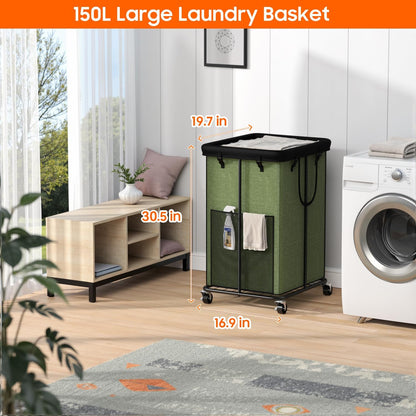 Laundry Hamper with Wheels, 150L Rolling Laundry Basket with Bag & Handles | Sturdy Metal Frame | Removable Bag | Large & Tall Dirty Clothes Hampers for Laundry Room, Bedroom, Dorm, Bathroom-Black