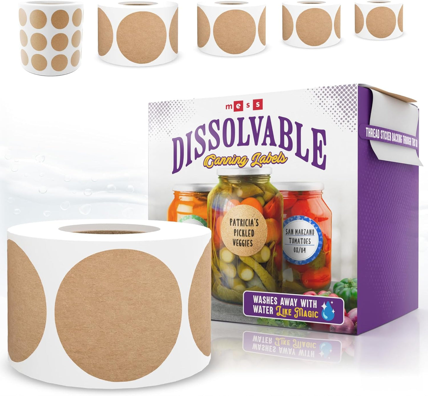 Dissolvable Canning Labels 0.5in Round, Removable Kraft Mason Jar Stickers | Water soluble, no residue, write on with pen, 200 per pack, jam, preserves, pantry, freezer, spice bottles, food storage