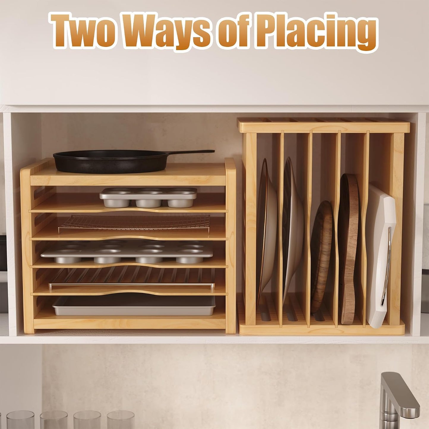6 Tier Wooden Tray Dividers for Cabinets | Kitchen Vertical Cookie Sheet Organizer, Baking Trays Storage Rack, For Baking Pans, Cutting Board