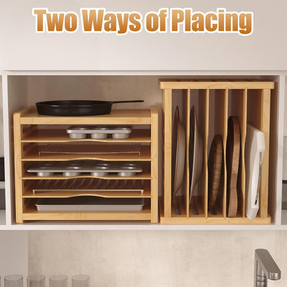 6 Tier Wooden Tray Dividers for Cabinets | Kitchen Vertical Cookie Sheet Organizer, Baking Trays Storage Rack, For Baking Pans, Cutting Board
