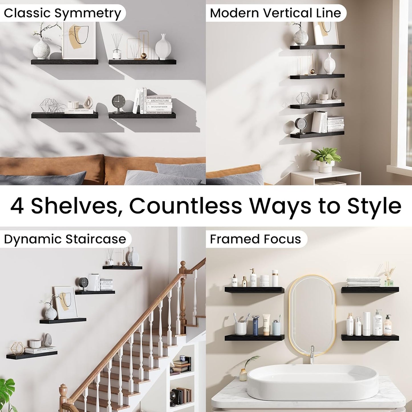 BAYKA Rustic Brown Floating Shelves 22.5in, Set of 2, Wall Mount Wood Shelf | Easy Install, 22lbs Max Load, Hidden Bracket, for Bathroom Bedroom Living Room or Kitchen, Hanging Shelf Book Decor Storage