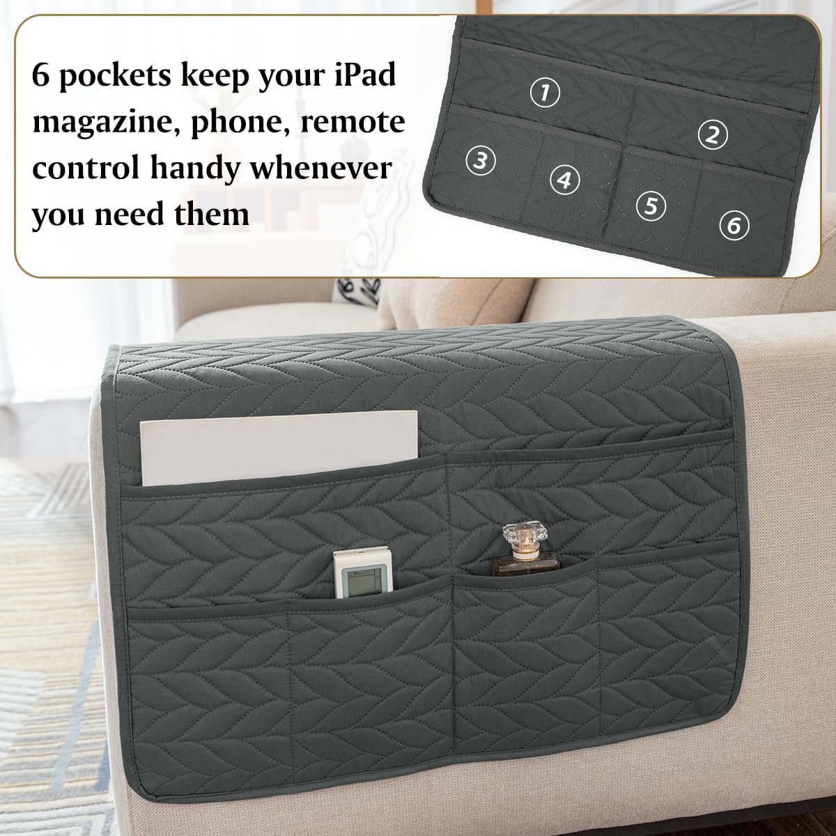 Remote Control Holder for Recliner, Sofa Armrest Organizer with Non-Slip Base, Tv Remote Holder Couch Caddy Armchair Caddy Bedside Organizer with 6 Pockets for Magazine, Tablet, Phone (Beige)