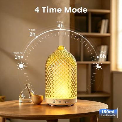 Essential Oil Diffuser 150ml, Glass Diffuser with Ultrasonic Small Humidifier, 7 Color Lights, 1/2/4H Timer, Quiet Auto Shut-Off Oil Diffuser for Bedroom, Home, Office (Silvery)