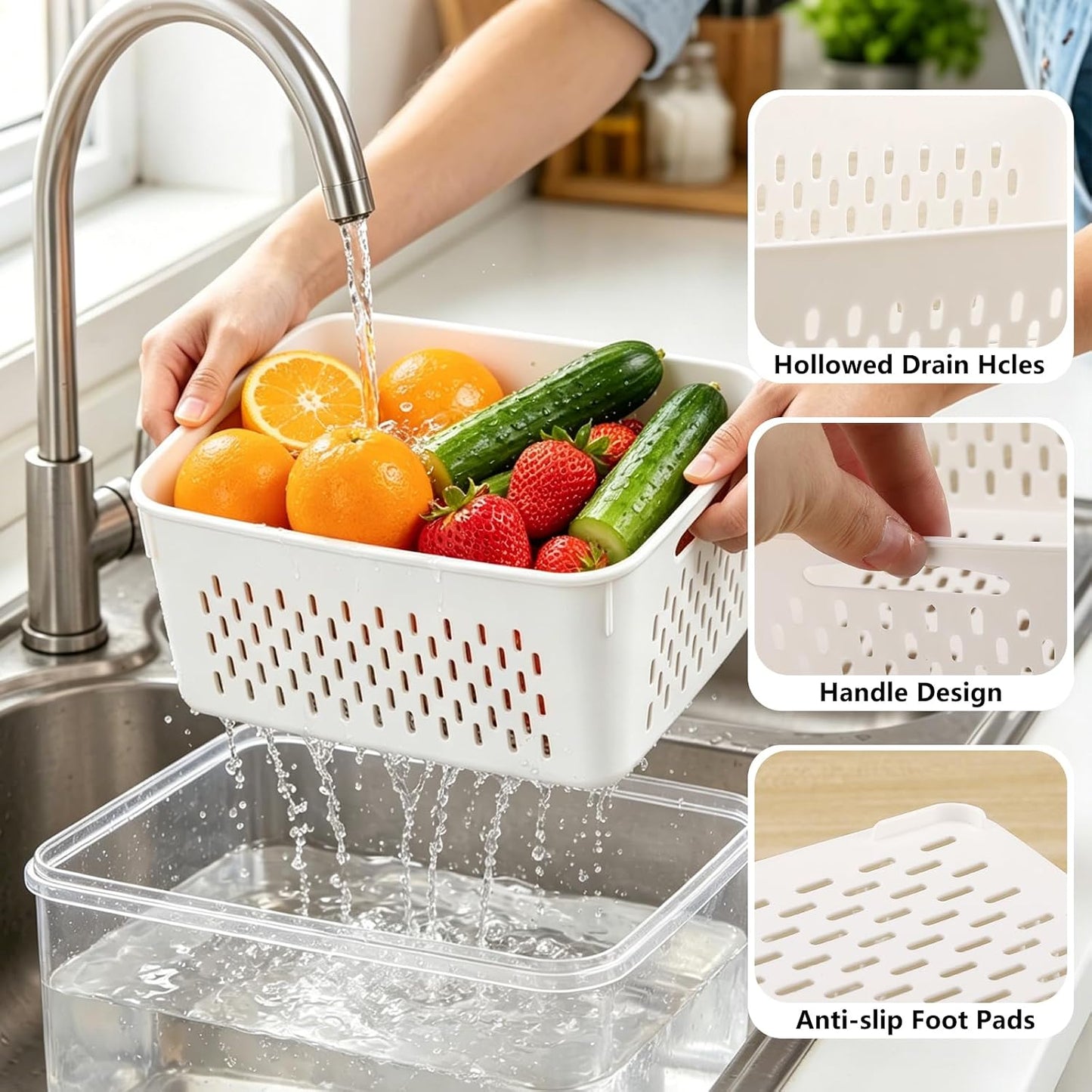 LoveBB 8 Pack Fruit Containers for Fridge, Plastic Food Storage Containers with Removable Colander Produce Saver Containers for Fruits, Vegetables, Berry, Meat Keeper Fresh