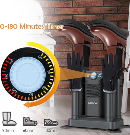 COSTWAY Boot Dryer, Shoe Dryers with 180 Mins Timer & Heating Blower, Ozone Disinfection, Extendable Design, Electric Shoe and Boot Warmer for Work Boots, Ski, Glove, Hats, Grey