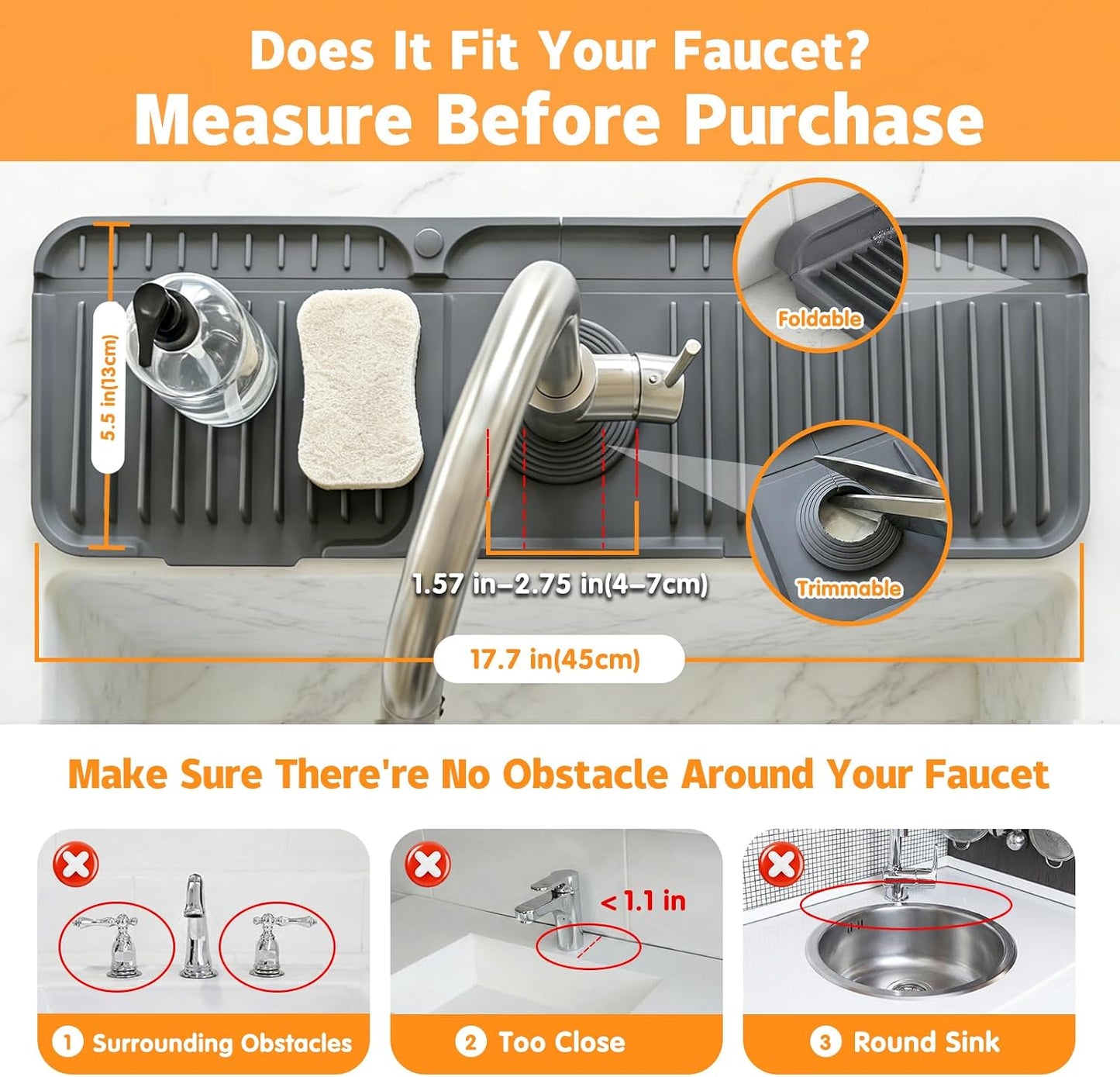 Silicone Faucet Mat for Kitchen Sink, 24" Splash Guard 7° Slope Fast Drain | Adjustable hole cutout for easy install, fits kitchen & bathroom sinks; food-grade silicone, easy to clean, keeps counter dry