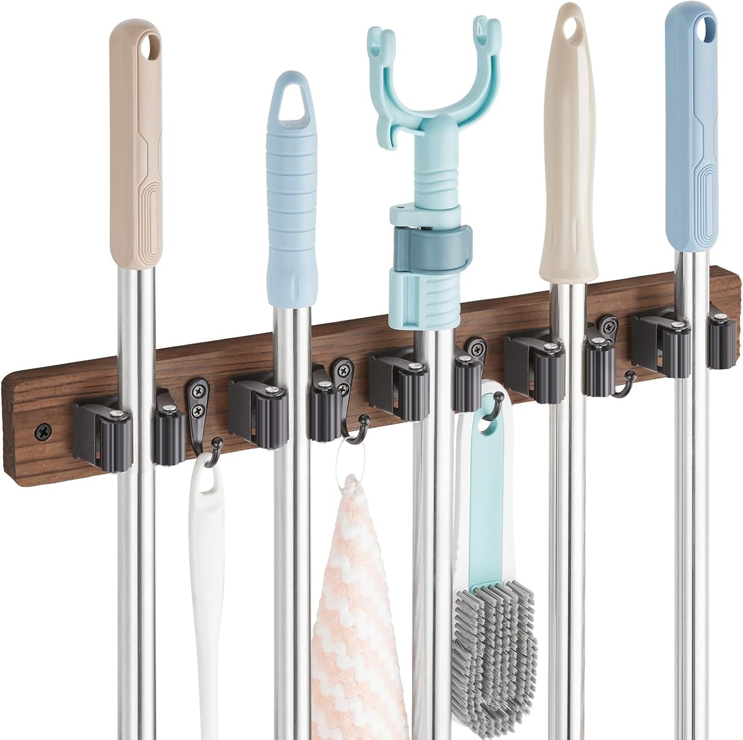 OUTNILI Mop and Broom Holder Wall Mount - Wood Broom Mop Hanger - Wall Mounted Garden Tool Rack Organizer for Closet Garage Laundry Room, Rustic Kitchen Decor With 4 Slots & 4 Hooks