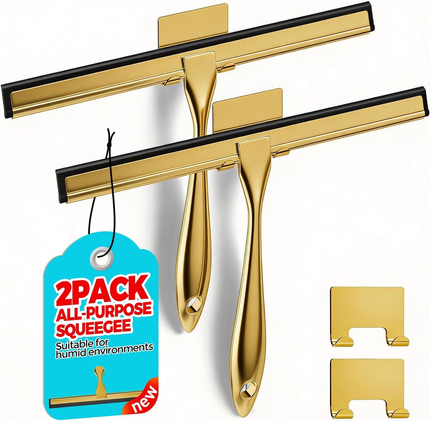 2pcs Shower Squeegee for Glass Doors with Adhesive Hanging Hook Set | 10” Silver, Bathroom Accessories, Window Cleaner, New Home Essentials, Soft Rubber Blade, Metal Handle, Ergonomic Grip
