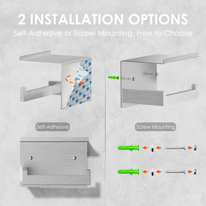 Auxmir Toilet Paper Holder with Shelf, Self Adhesive or Screw Mount, Black | Rustproof SUS304 Stainless Steel with Phone Shelf, Square Anti-Slip Bar, Fits Mega Rolls, Adhesive or Screw Installation