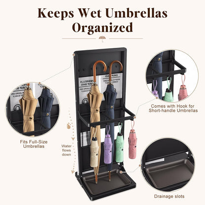 Wet Umbrella Stand with Bag Holder, Entryway Organizer with Drip Tray