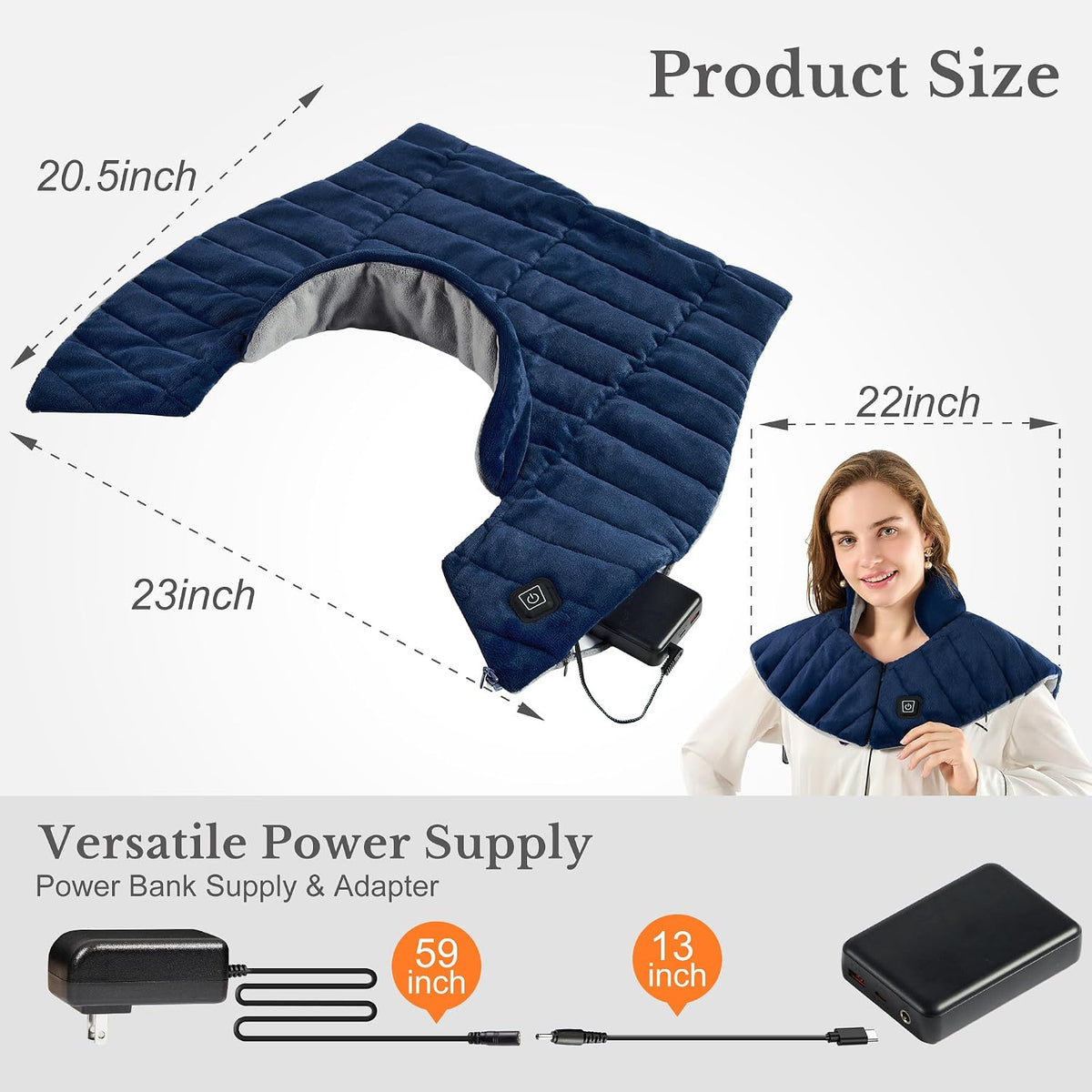 Portable Cordless Heating Pad for Neck, Shoulders & Back - Rechargeable Battery Operated Heating Pad with 3 Heat Settings, Ideal Gift for Mom and Dad, Weighted Neck and Back Warmer (Midnight Blue)