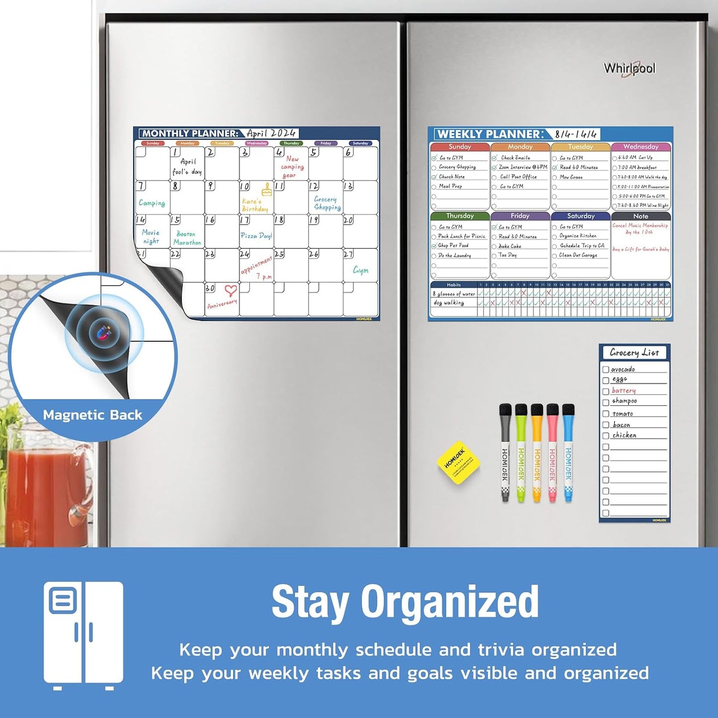 Magnetic Fridge Calendar Magnet, Dry Erase Whiteboard Calendar and Family Chore Chart for Adults with Magnetic List, Dry Erase Markers and Eraser - 14 x 11 Inches