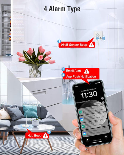 Water Leak Detector for Home, 95dB Water Alarm, 1m Probe, Hub Add-On | One probe tip on a 39 in waterproof cable; water and no-water alert modes; under sink, washer, heater, basement, sump pit