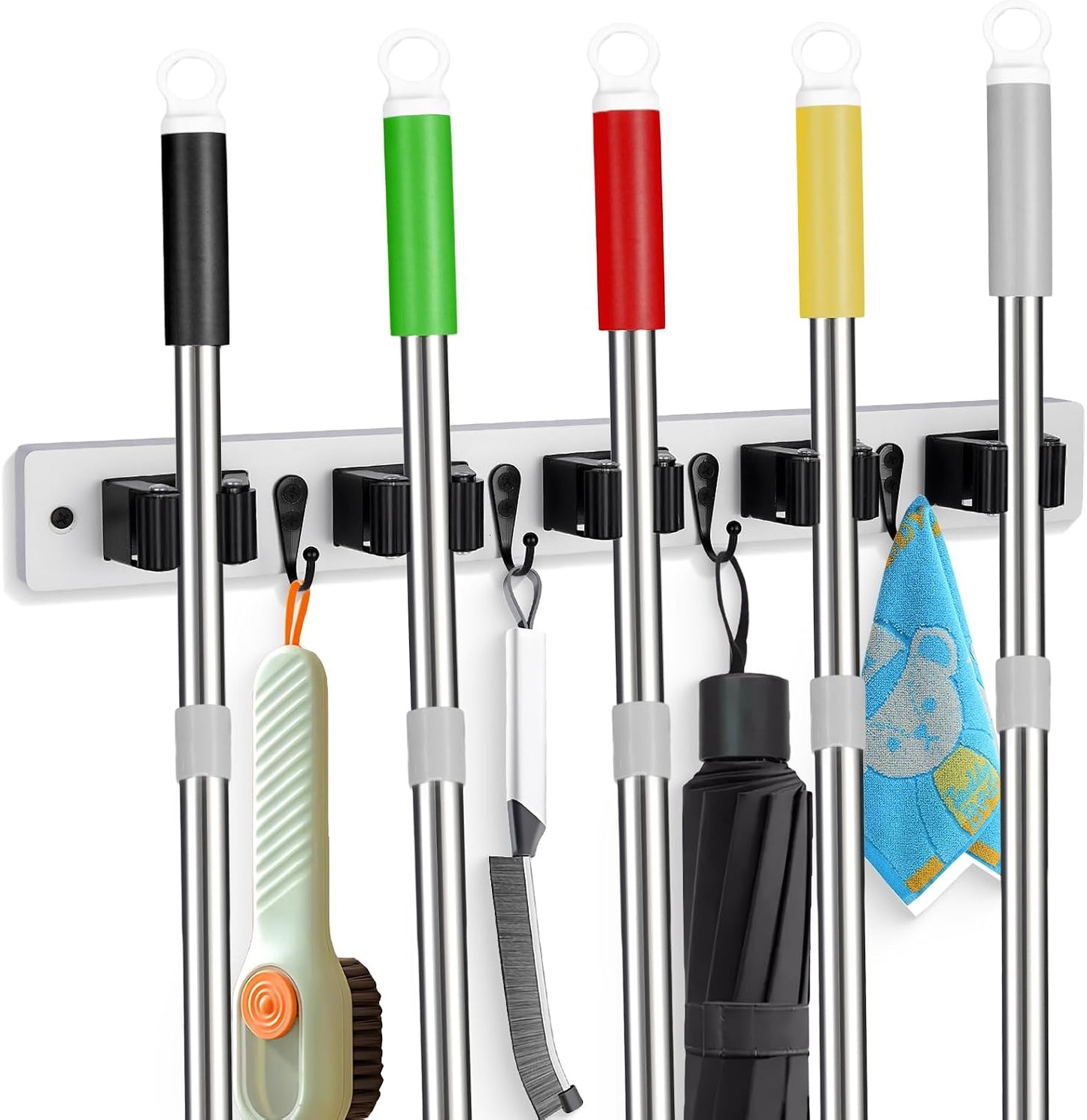 FunCee Broom Holder Wall Mount With 5 Slots & 4 Hooks，Rustic Wood Broom & Mop Hanger，Wall Mounted Garden & Garage Tool Storage Organizer Rack for Closet Laundry Room or Kitchen Wall Decor