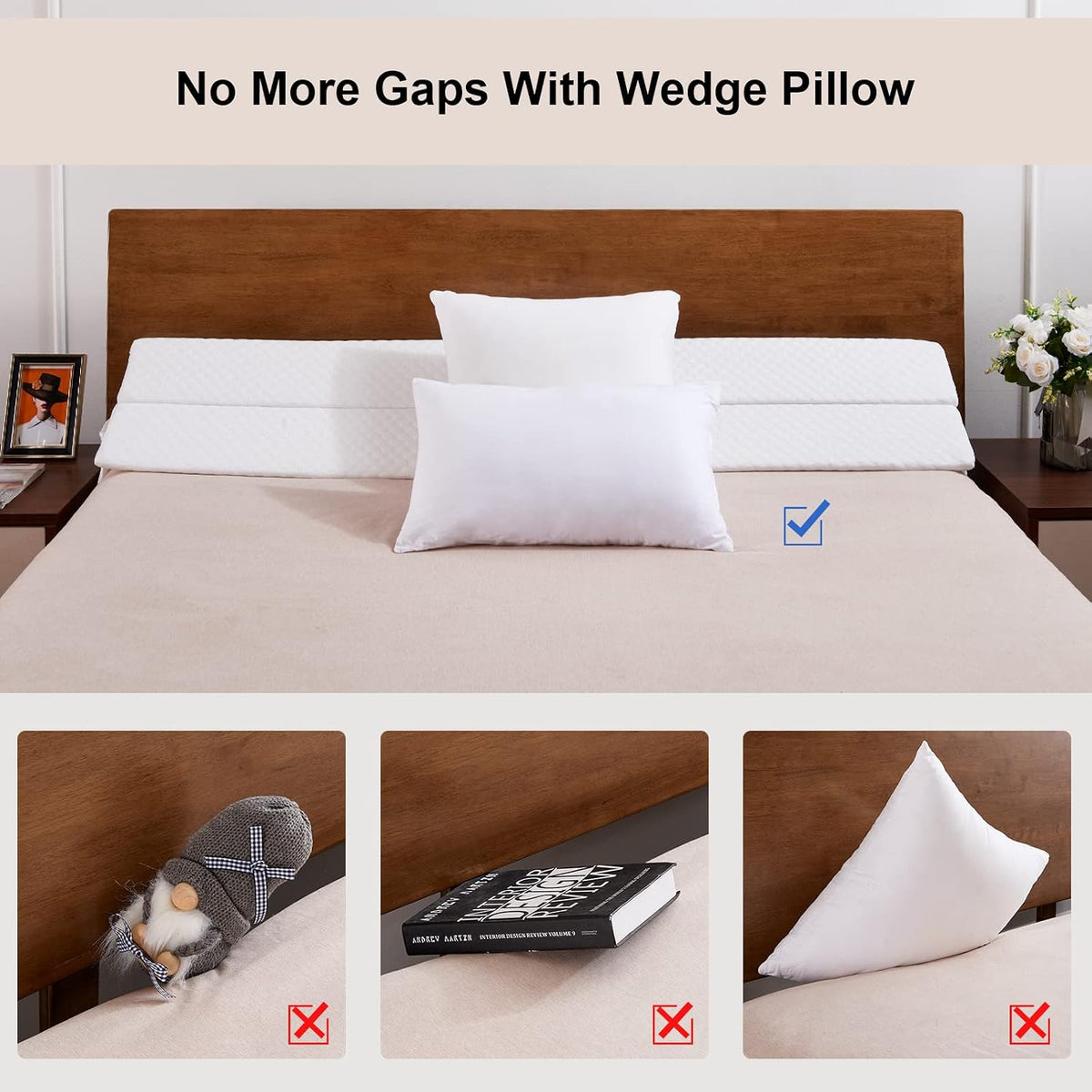 EUHAMS Queen Size Bed Wedge Pillow - Bed Gap Filler Mattress Wedge Headboard Pillow Close The Gap 0-7" Between Your Headboard and Mattress or Wall for Sleeping Backrest Pillow (60"x10"x6" Gray)